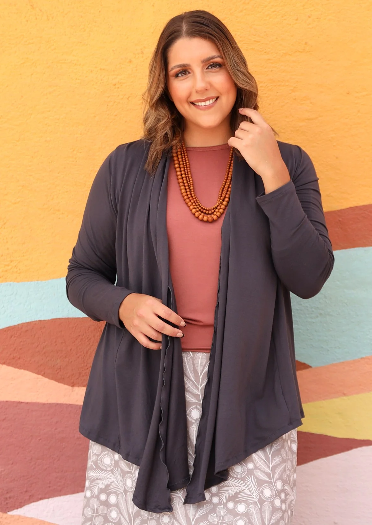 Long Sleeve Stretch Cardi Dark Grey - Fuchesia