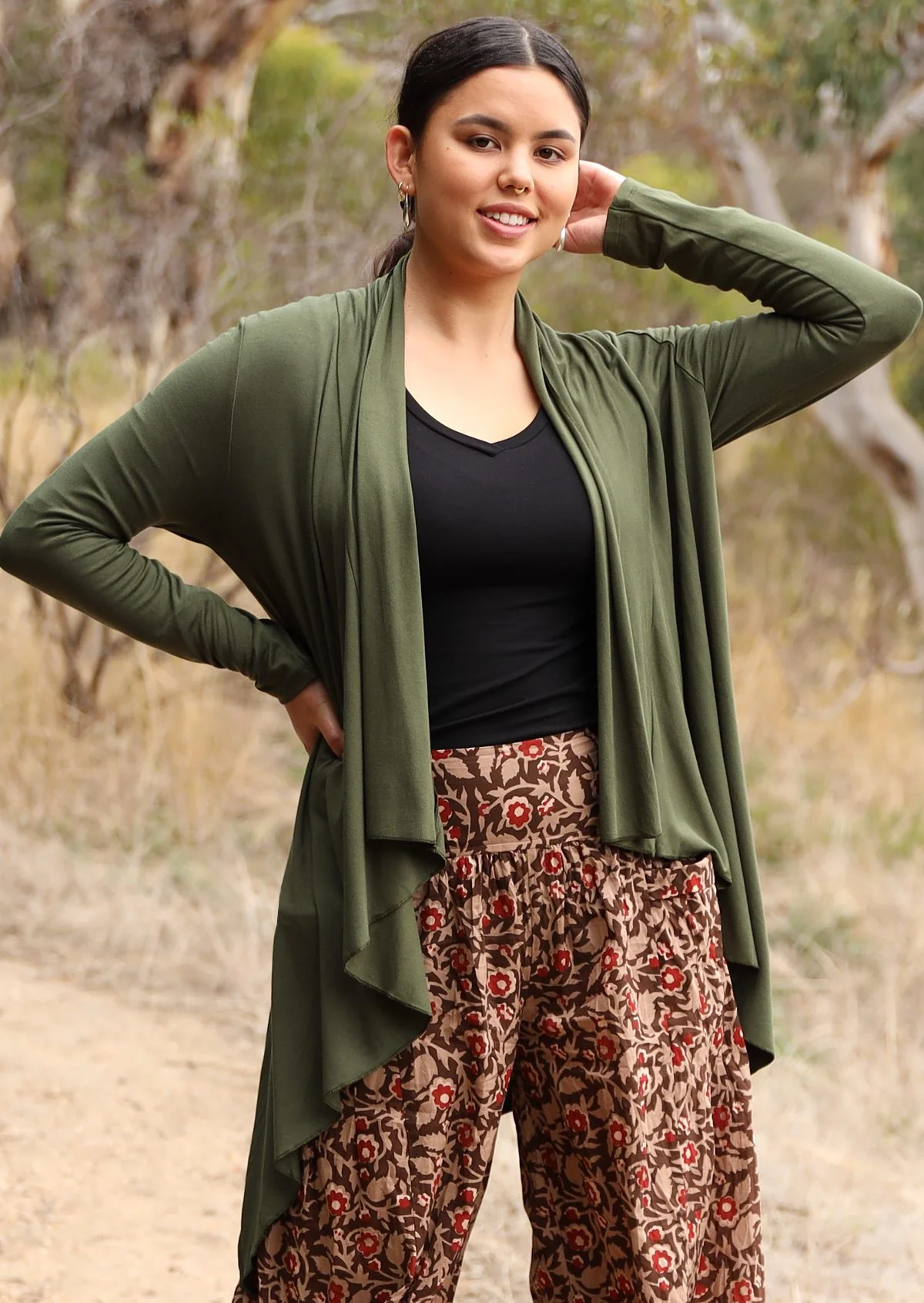 Irregular Hem Stretch Cardi Olive - Fuchesia