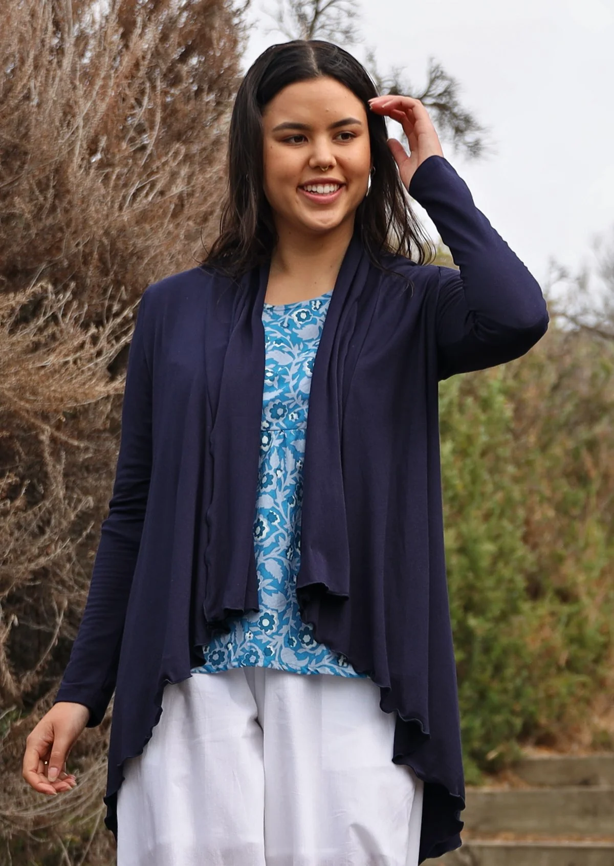 Irregular Hem Stretch Cardi Navy Blue - Fuchesia