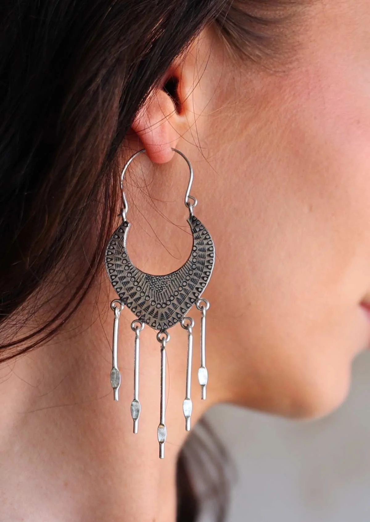 Hill Tribe Silver Large Dangle Earrings - Fuchesia