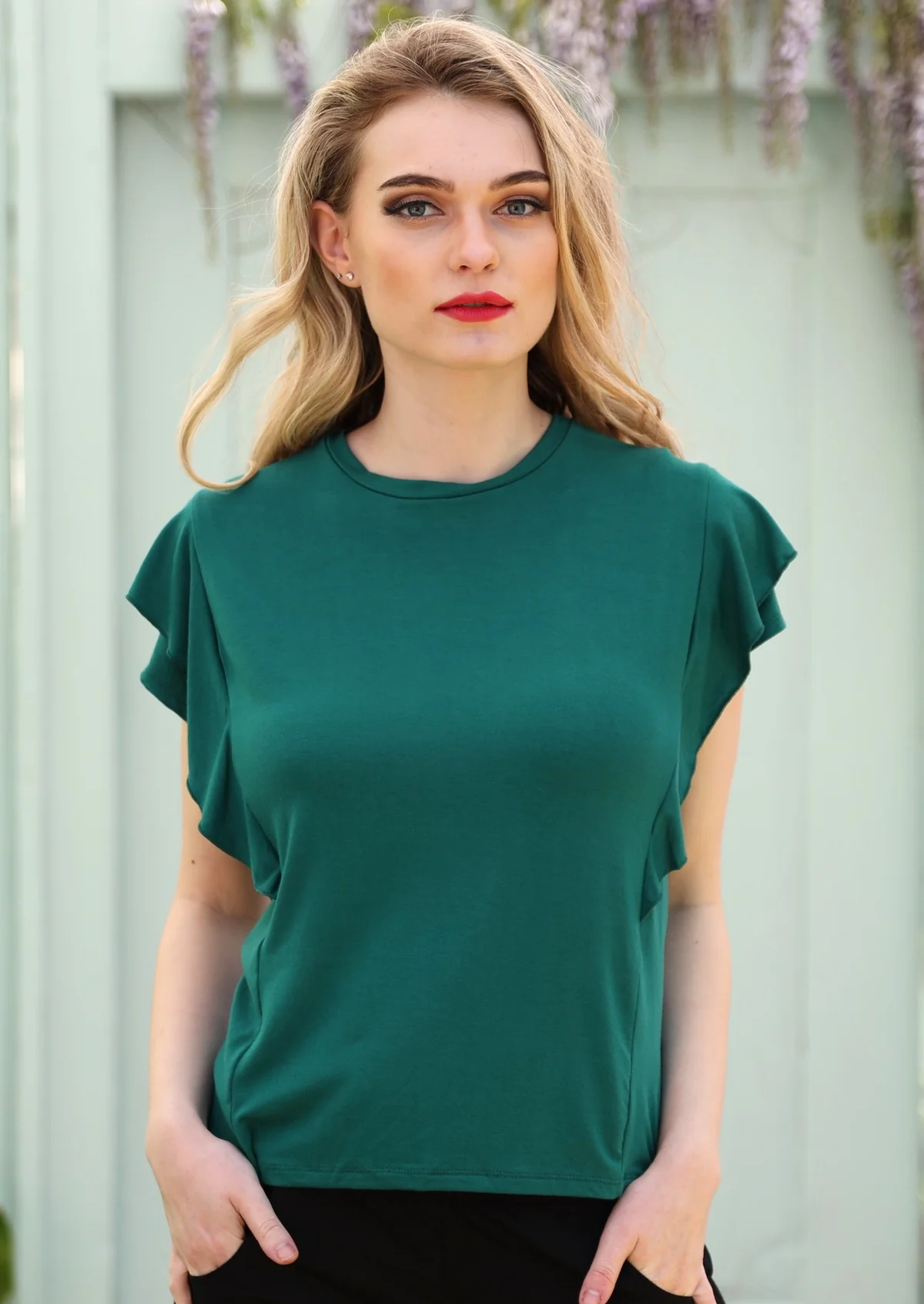 Ruffle Tee Jade Green - Fuchesia
