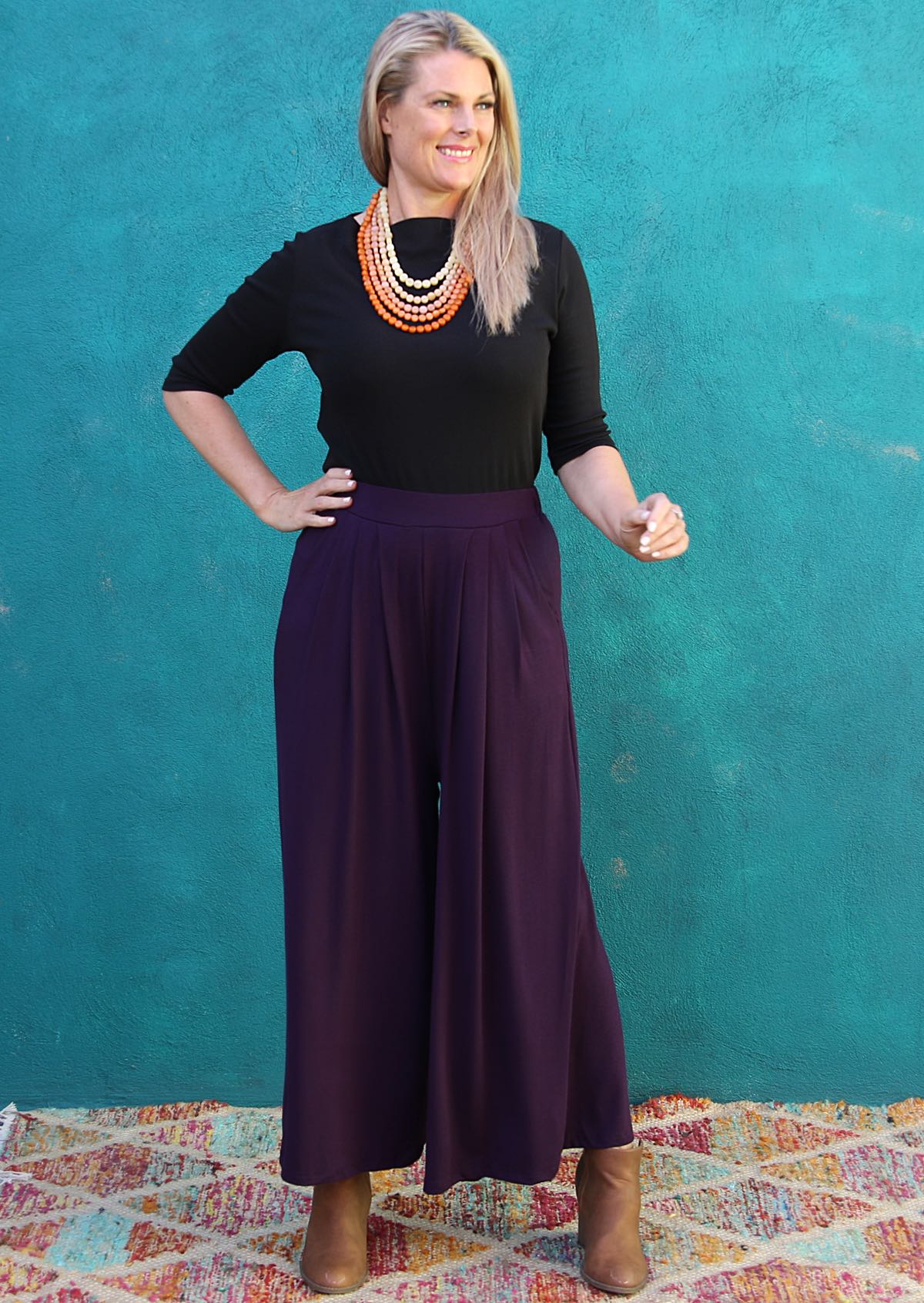 Wide Leg Stretch Pocket Pants Dark Purple - Fuchesia