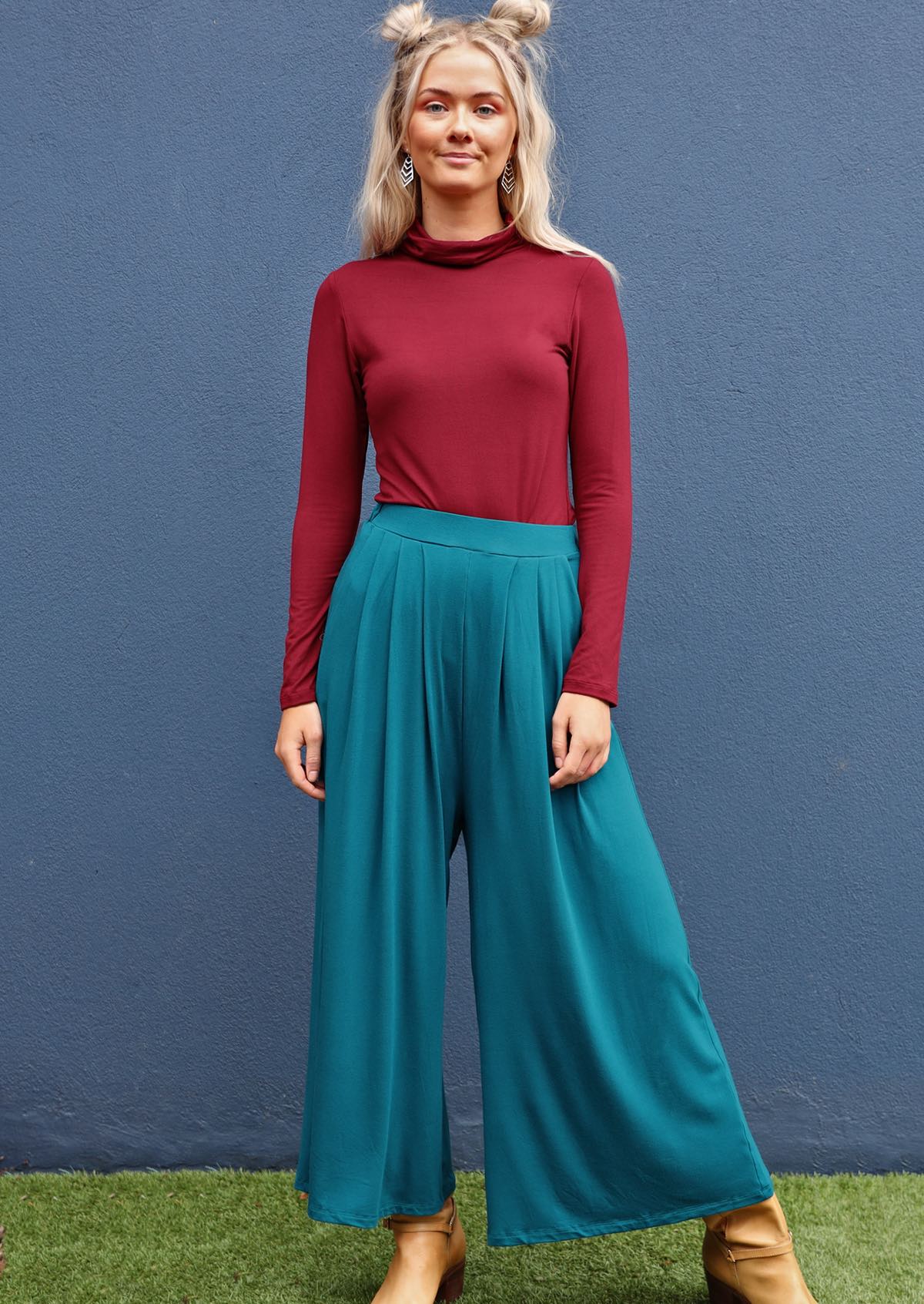 Wide Leg Stretch Pocket Pants Teal - Fuchesia