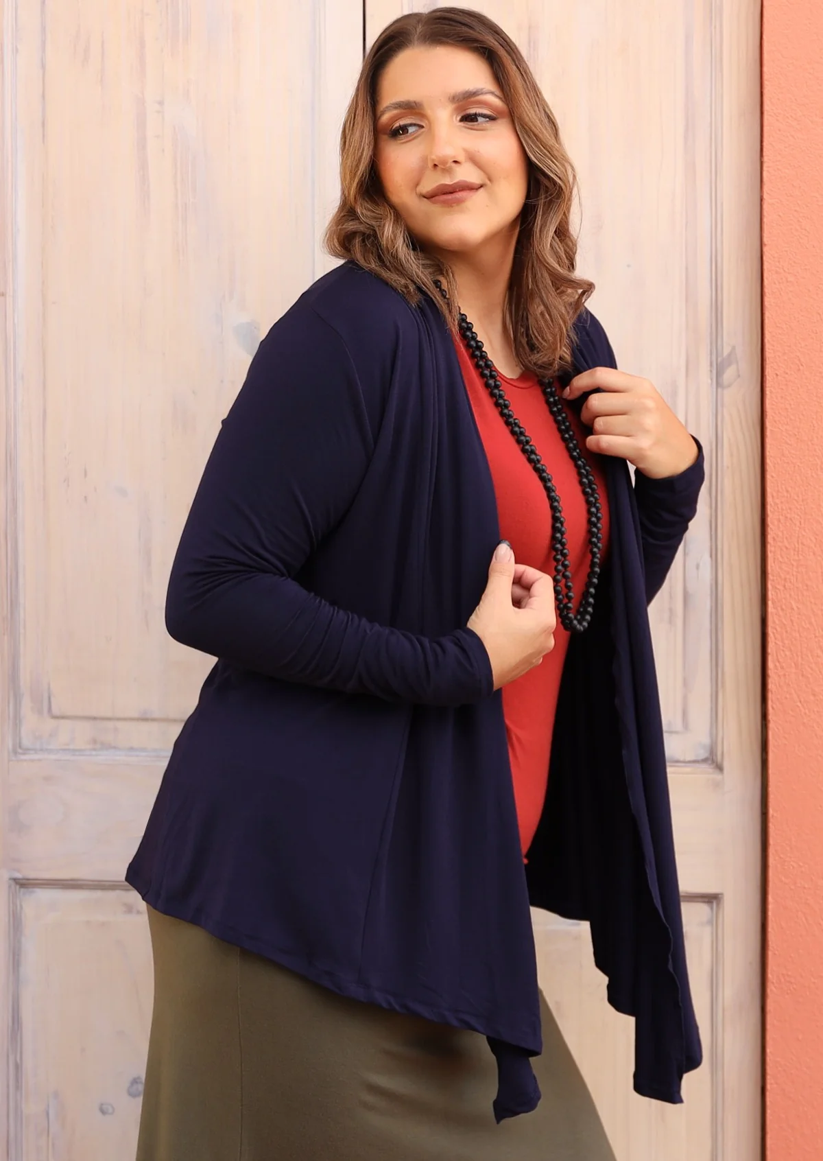 Long Sleeve Stretch Cardi Navy Blue - Fuchesia