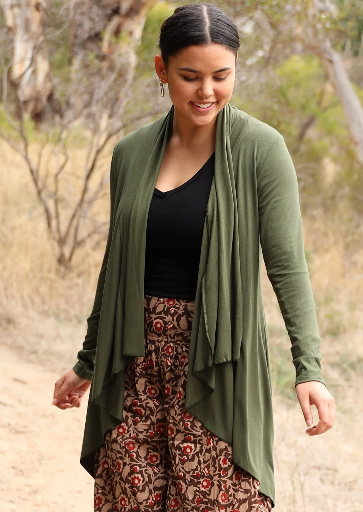 Irregular Hem Stretch Cardi Olive - Fuchesia