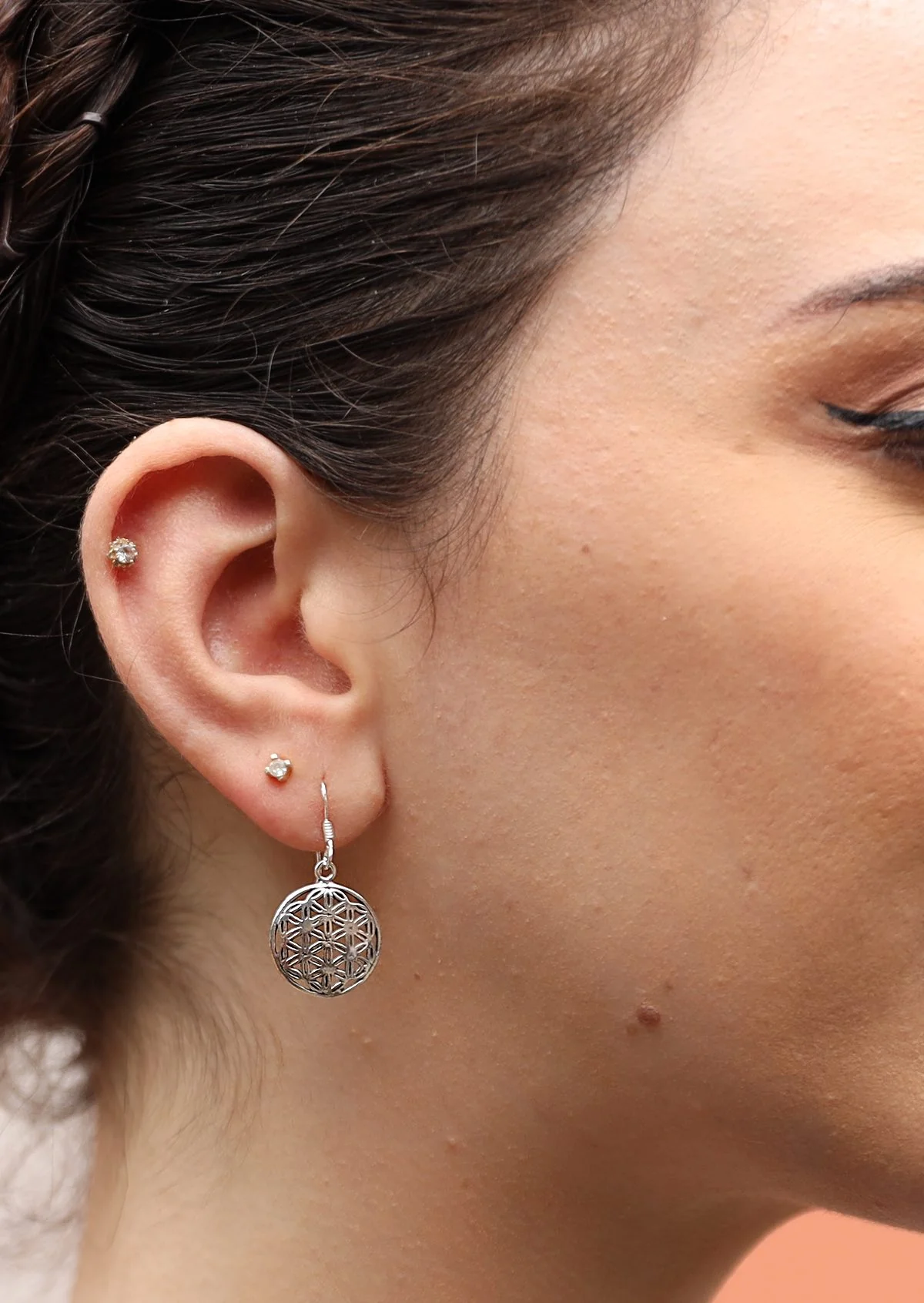 Geometric Seed of Life Silver Earrings - Fuchesia