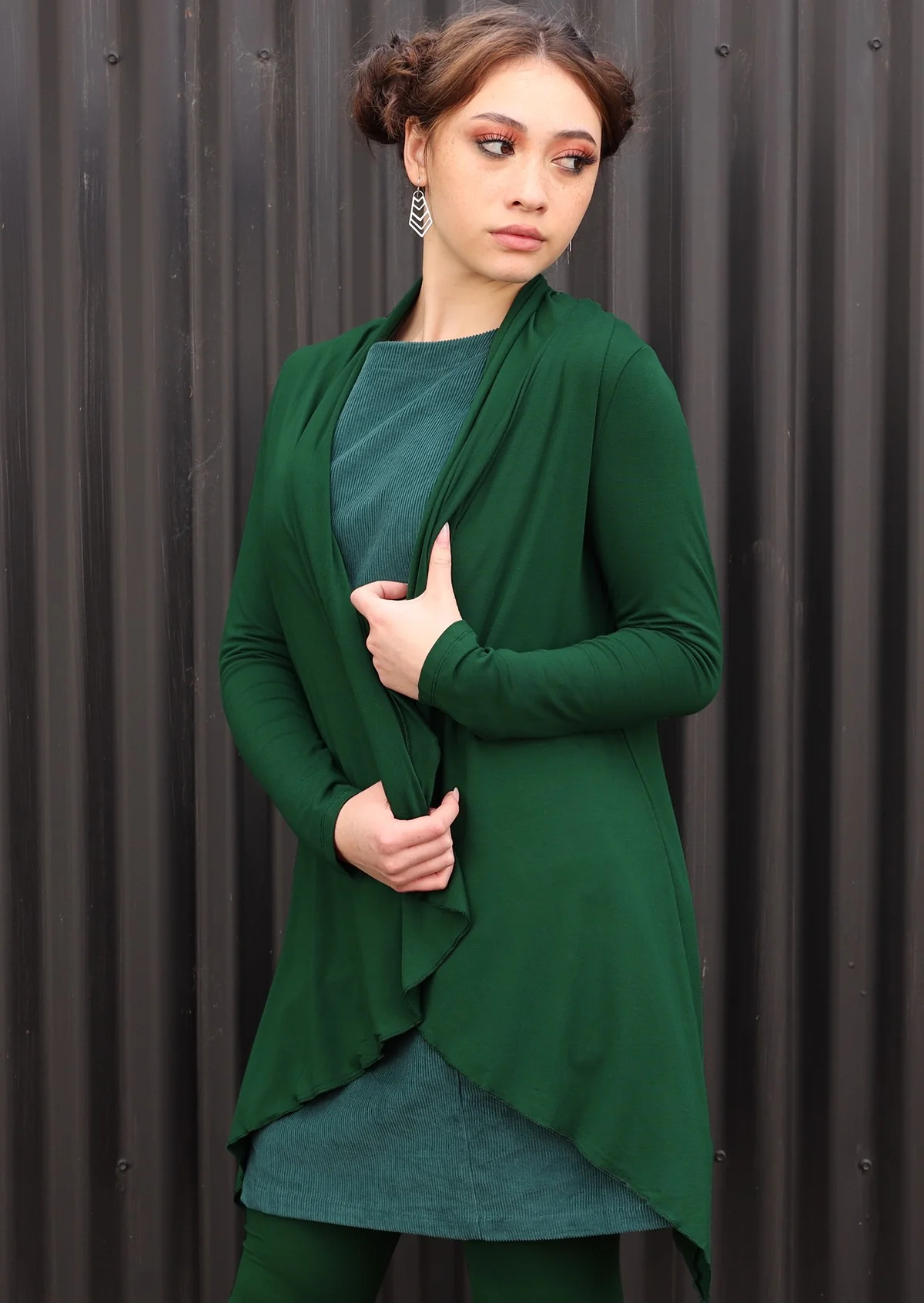 Irregular Hem Stretch Cardi Forest Green - Fuchesia