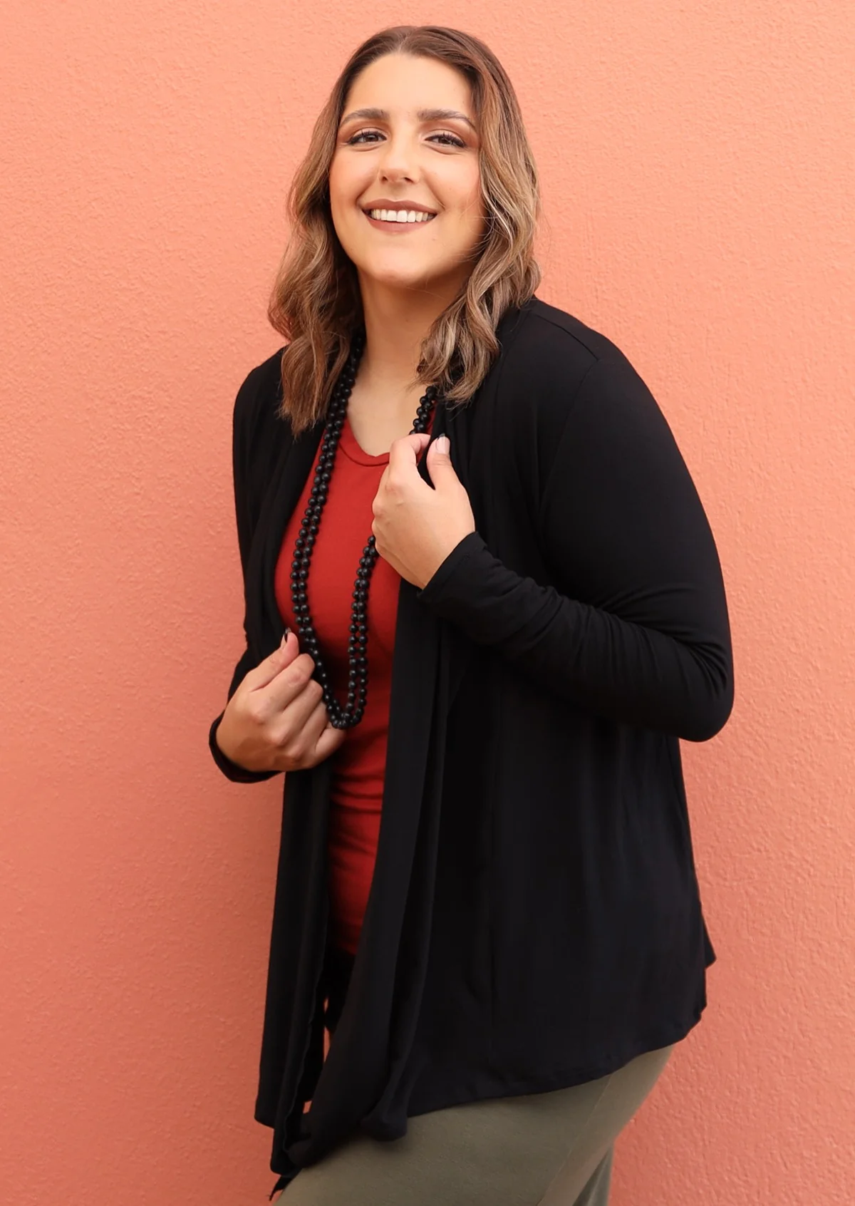 Long Sleeve Stretch Cardi Black - Fuchesia