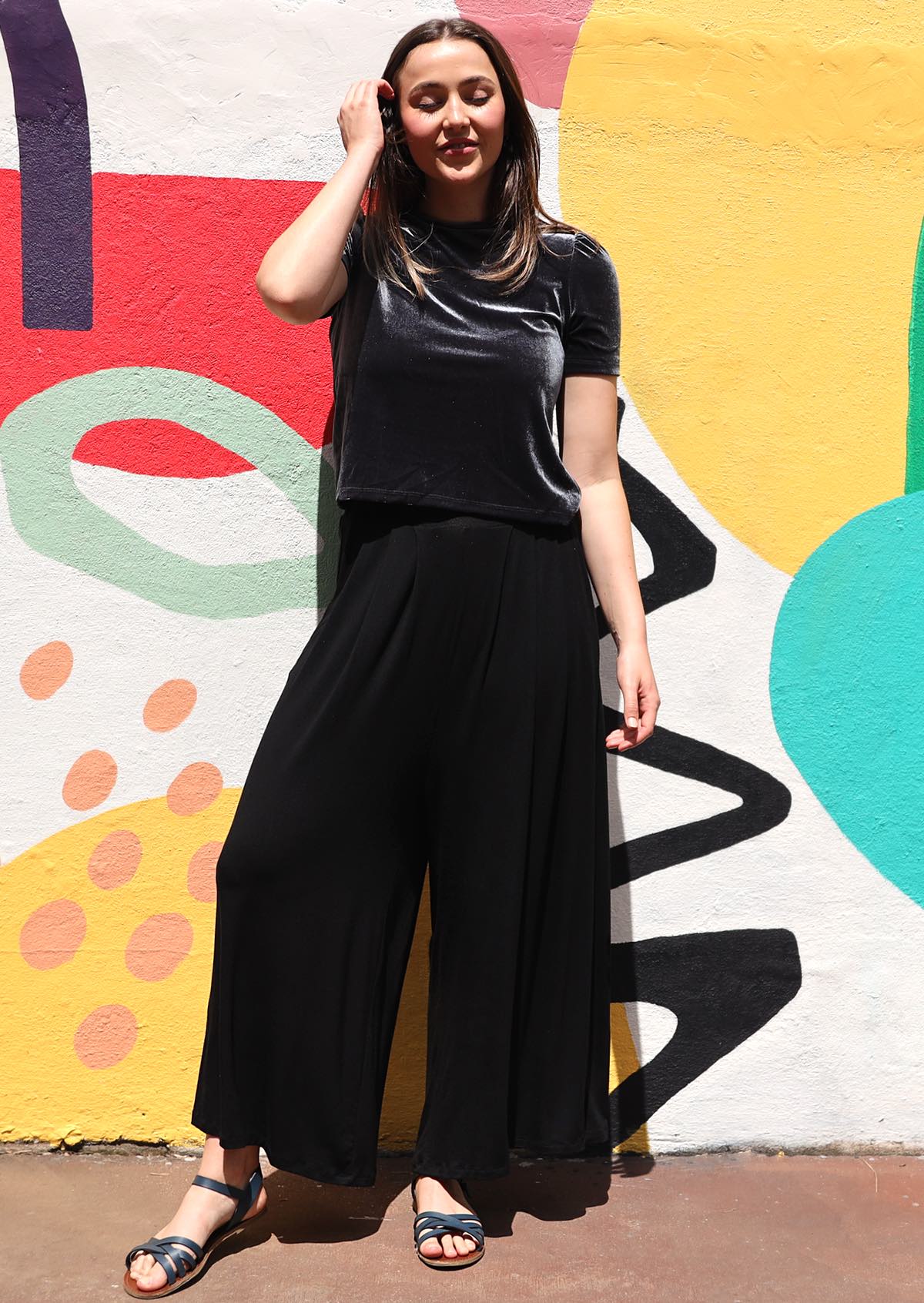 Wide Leg Stretch Pocket Pants Black - Fuchesia