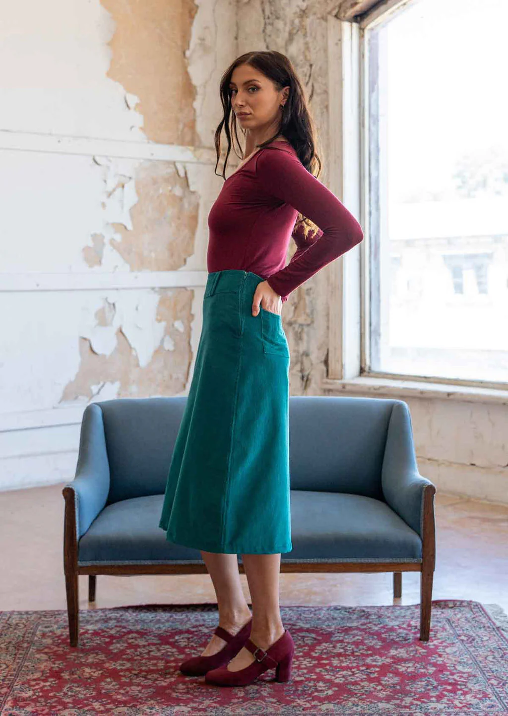 Belt Loop Corduroy Skirt Everglade - Fuchesia