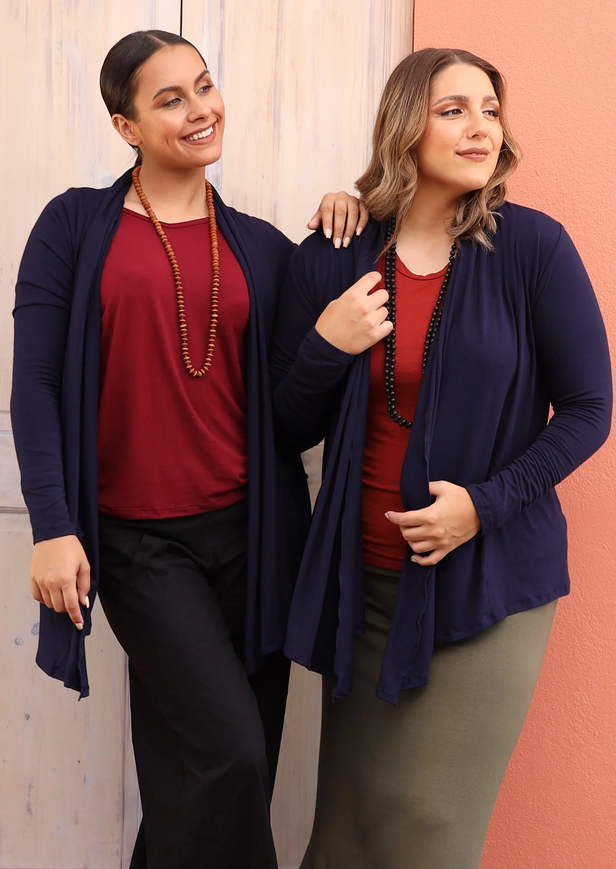 Long Sleeve Stretch Cardi Navy Blue - Fuchesia