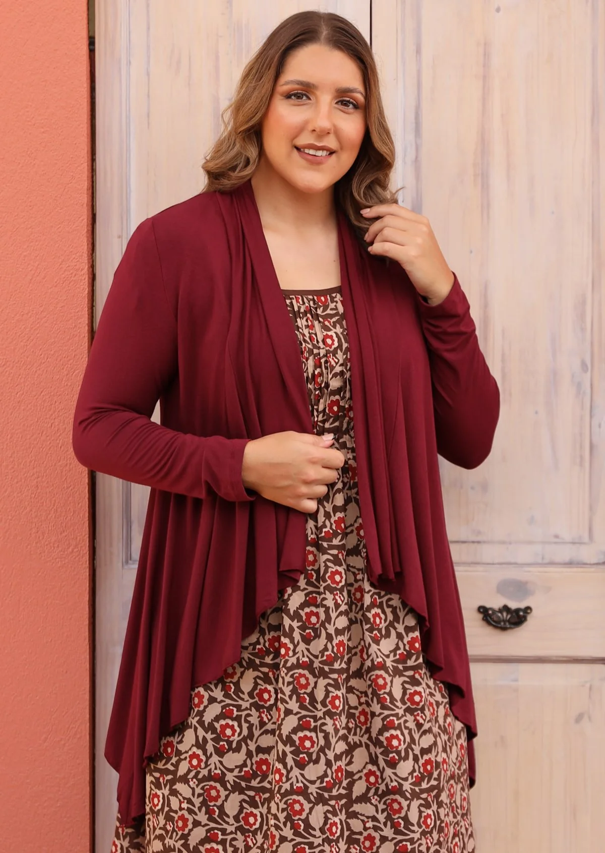 Irregular Hem Stretch Cardi Maroon - Fuchesia