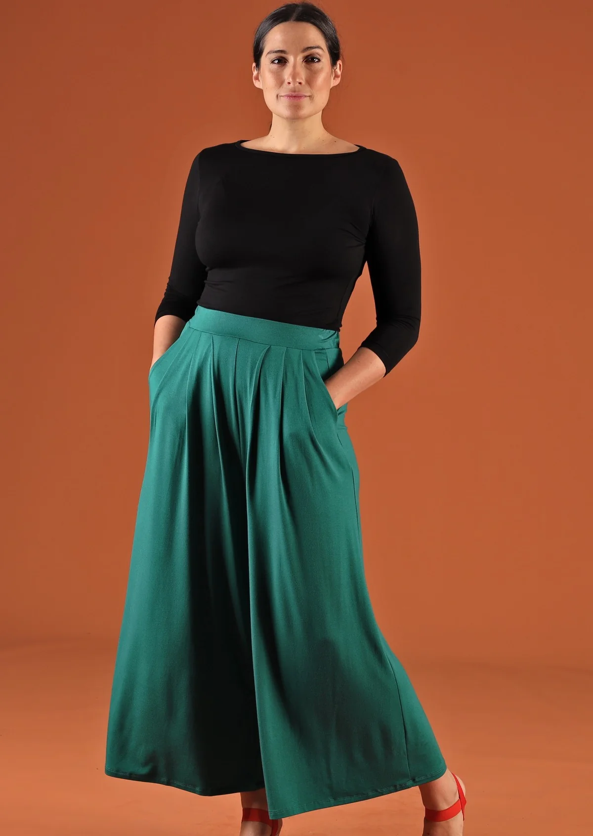 Wide Leg Stretch Pocket Pants Jade Green - Fuchesia