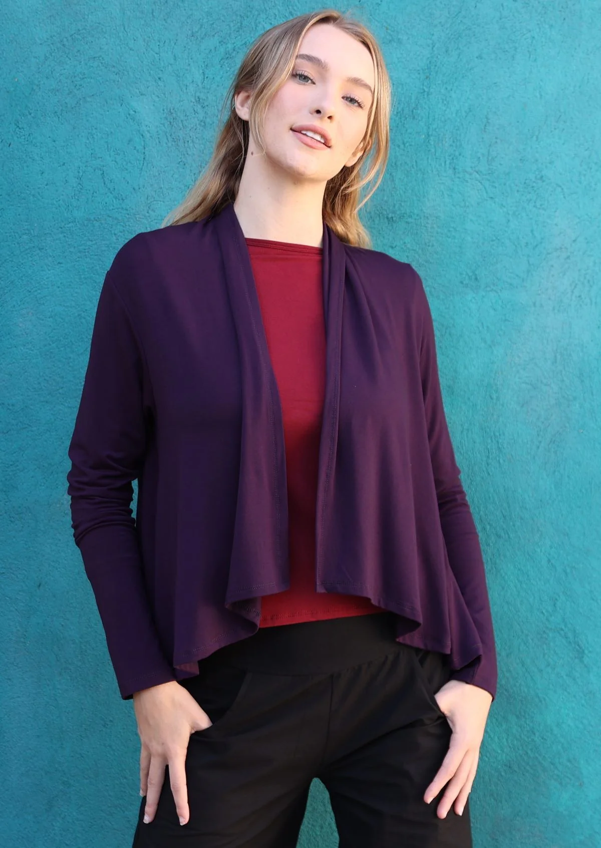 Cropped Waterfall Cardi Dark Purple - Fuchesia