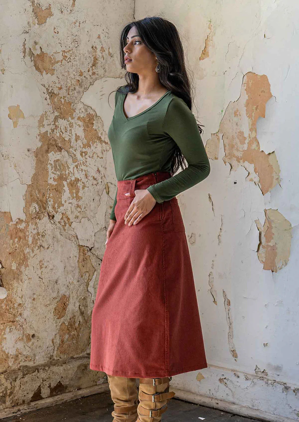 Belt Loop Corduroy Skirt Burnt Henna - Fuchesia