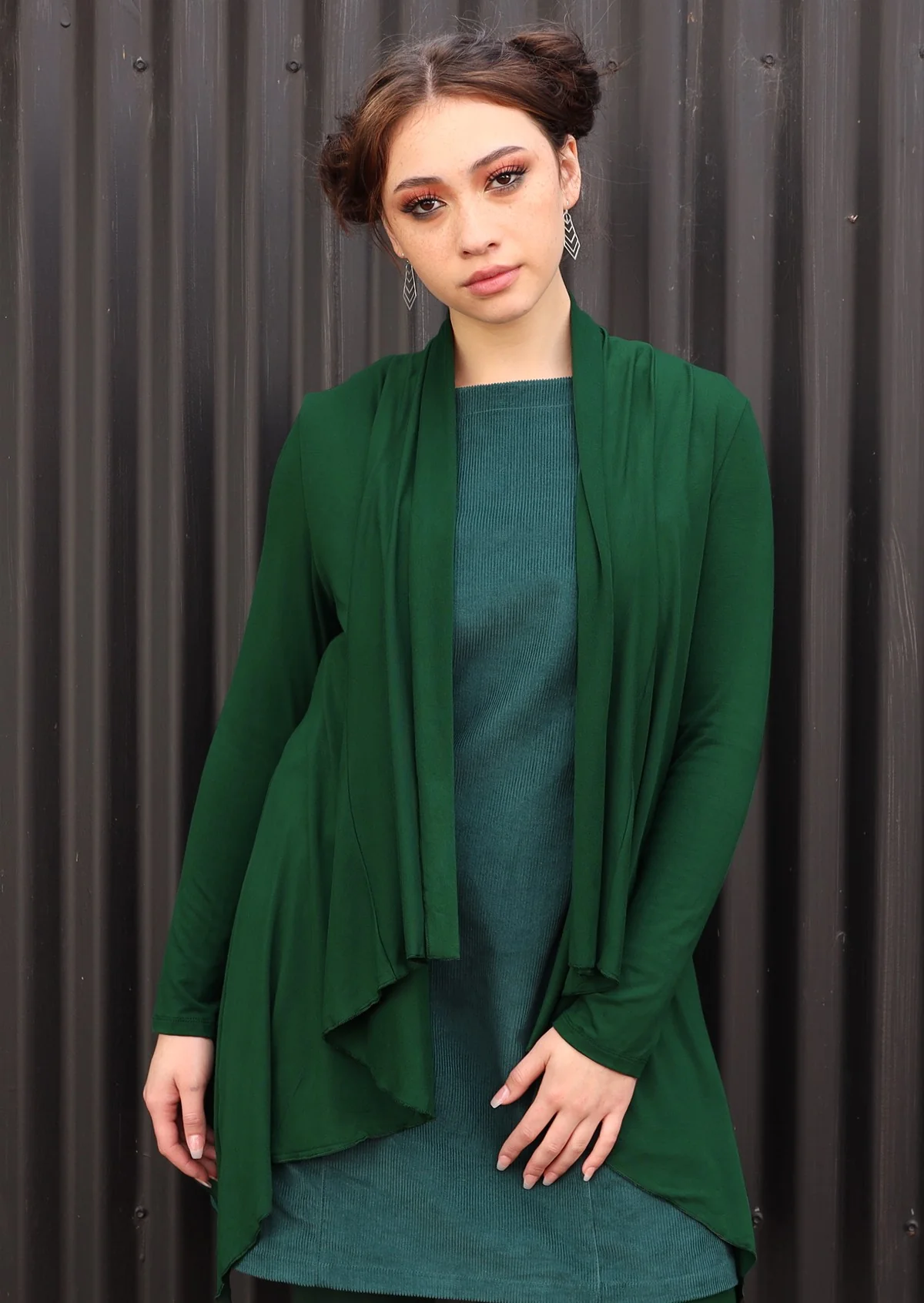 Irregular Hem Stretch Cardi Forest Green - Fuchesia