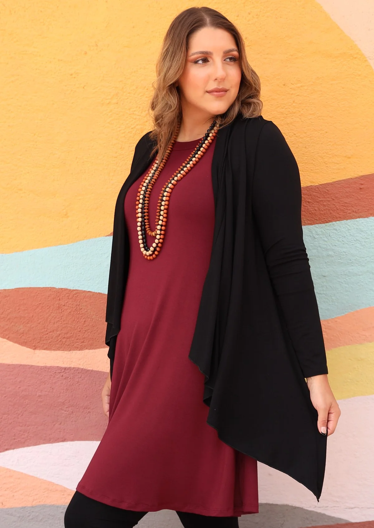 Irregular Hem Stretch Cardi Black - Fuchesia