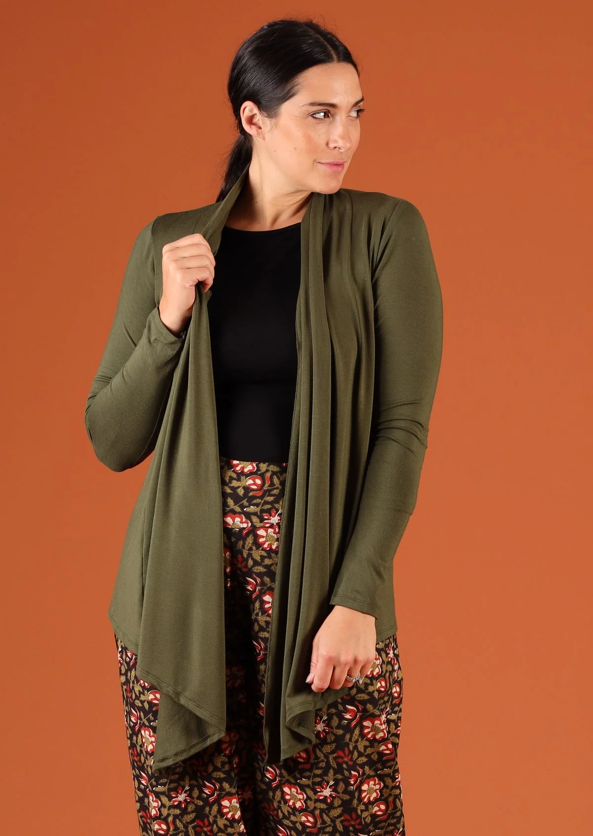 Long Sleeve Stretch Cardi Olive - Fuchesia