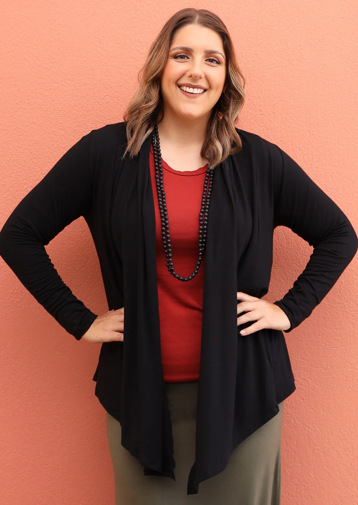 Long Sleeve Stretch Cardi Black - Fuchesia