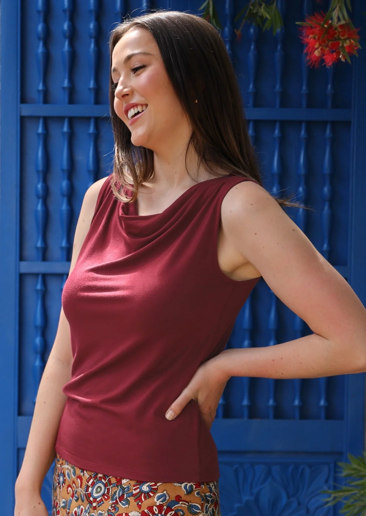 Cowl Neck Singlet Top Maroon - Fuchesia