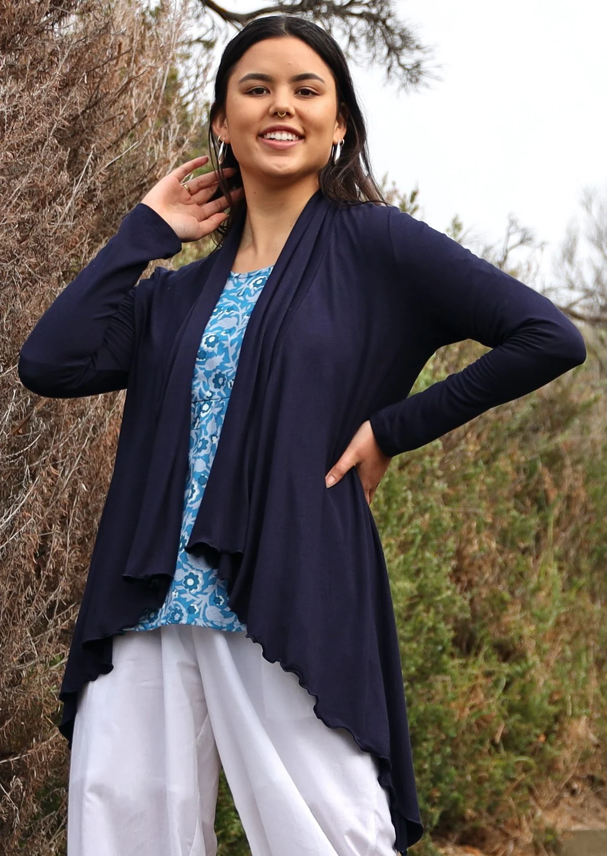 Irregular Hem Stretch Cardi Navy Blue - Fuchesia