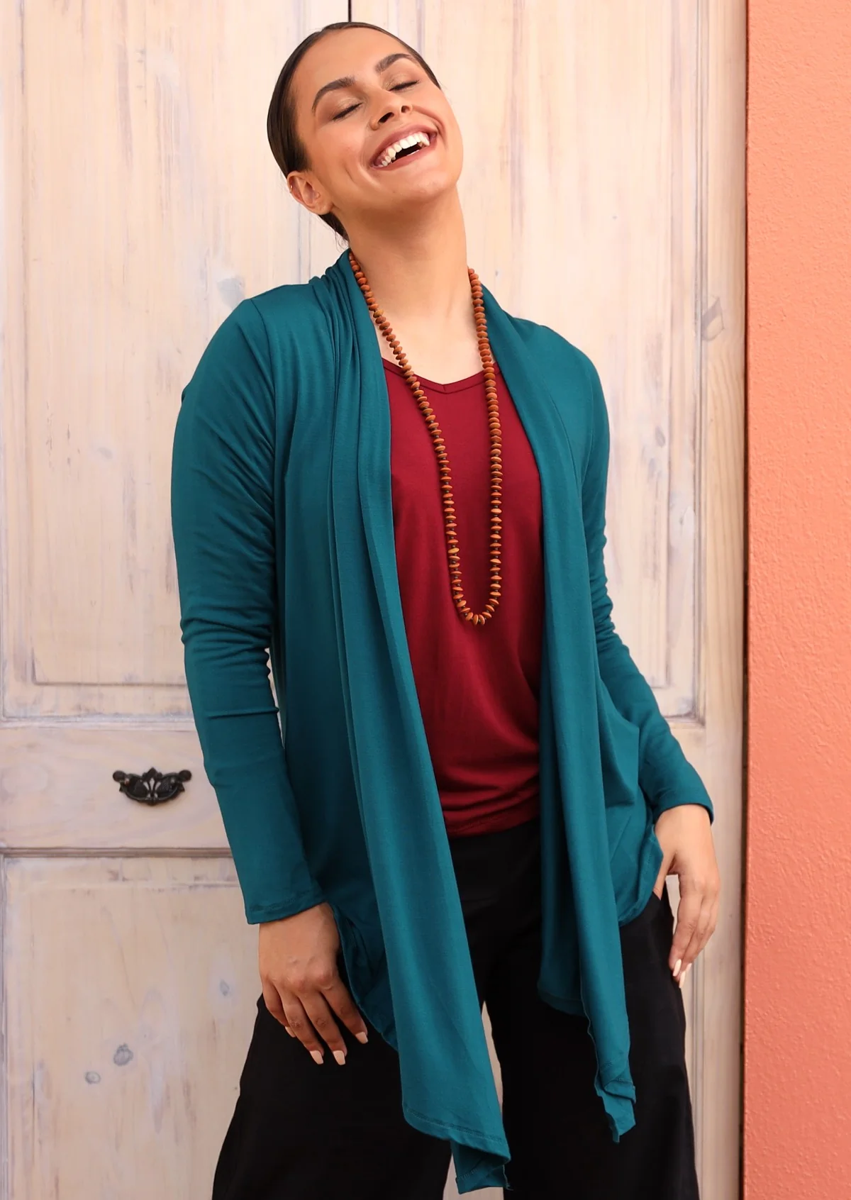 Long Sleeve Stretch Cardi Teal - Fuchesia