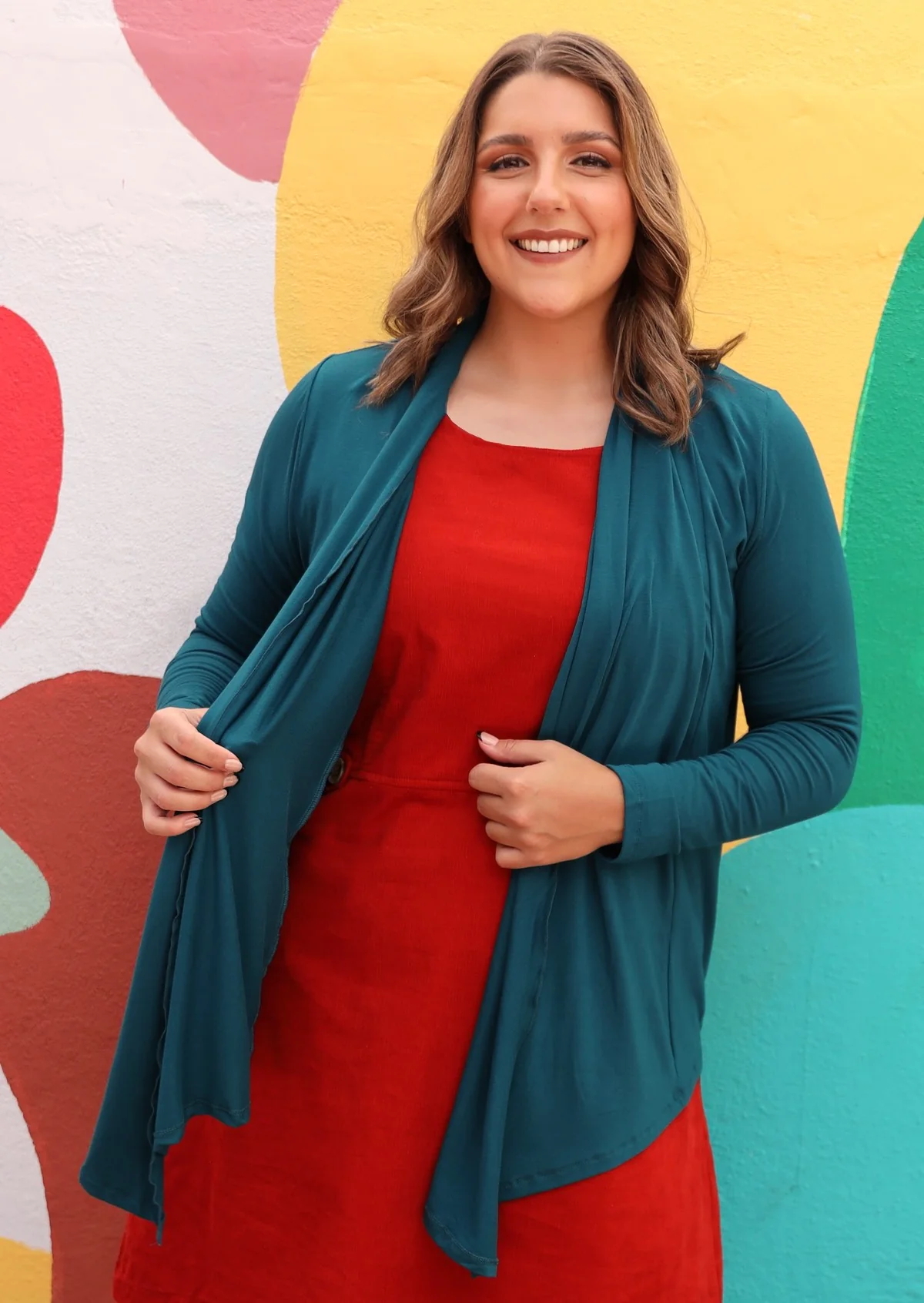 Long Sleeve Stretch Cardi Teal - Fuchesia