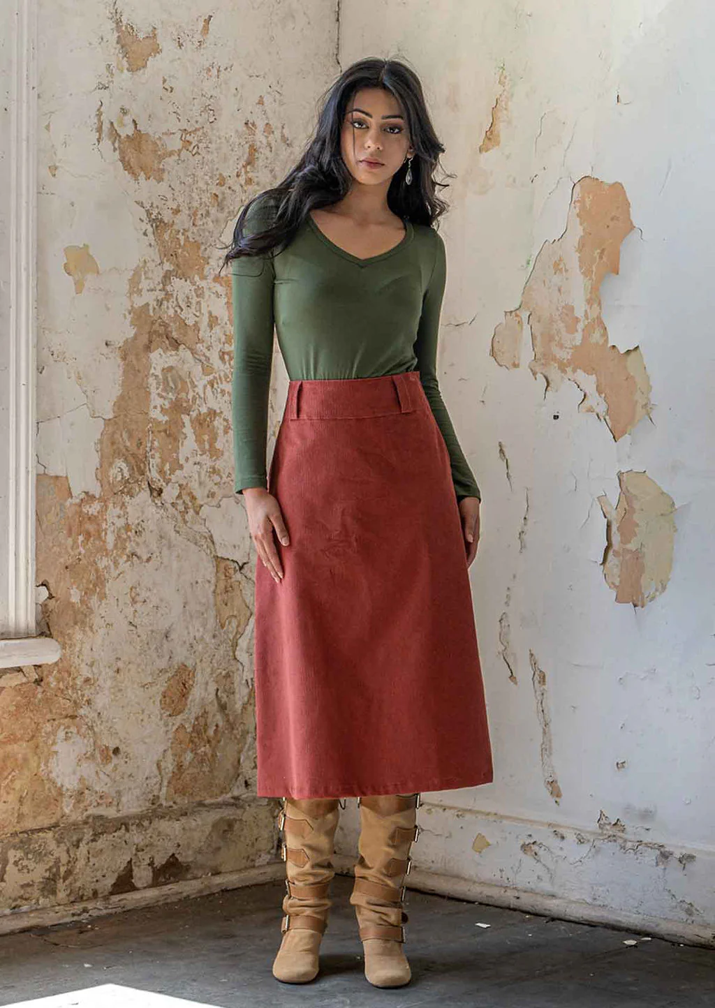 Belt Loop Corduroy Skirt Burnt Henna - Fuchesia