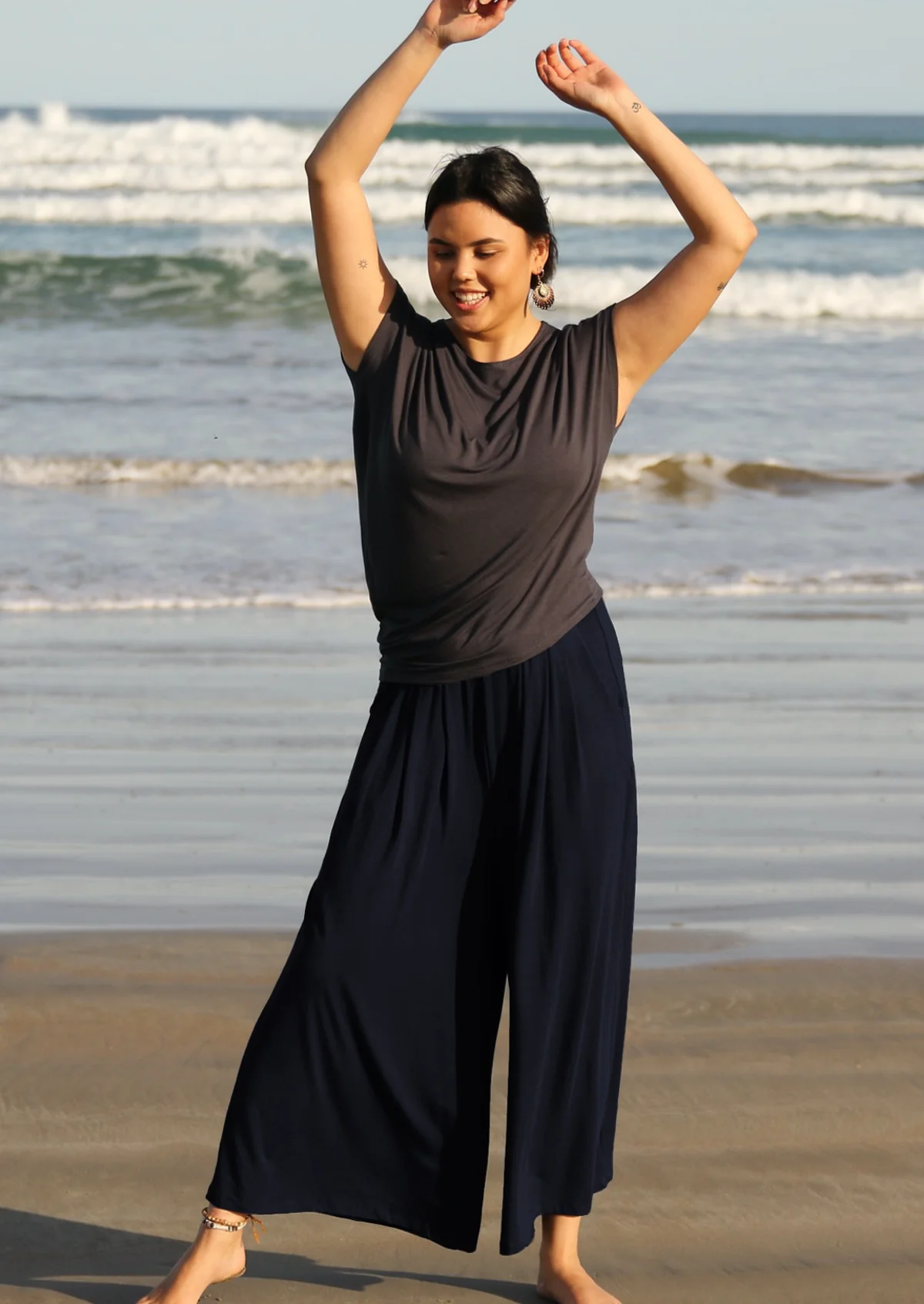 Wide Leg Stretch Pocket Pants Navy Blue - Fuchesia